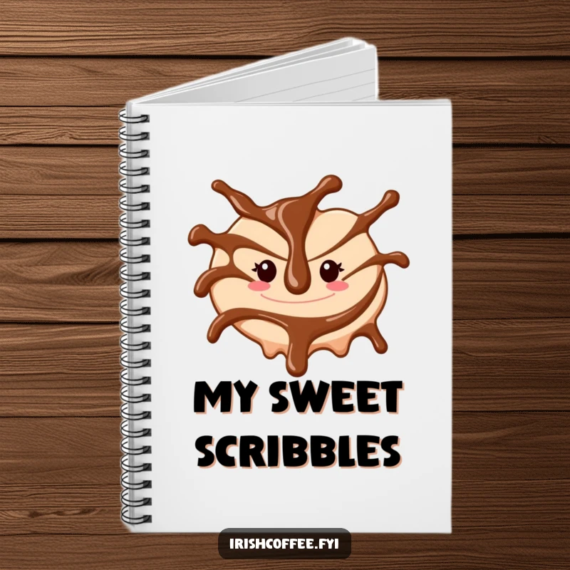 Funny notebook with a cheerful chocolate sauce drizzle swirling, perfect for note-taking and sweet ideas.