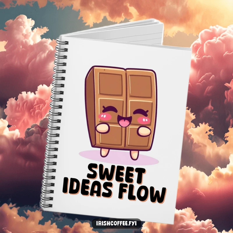 Funny chocolate piece winking and wiggling with joy on a notebook cover, perfect for sweet and humorous notes.