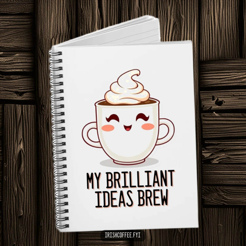 Funny notebook with a steaming coffee cup character winking, ideal for jotting down notes with a dose of coffee humor.