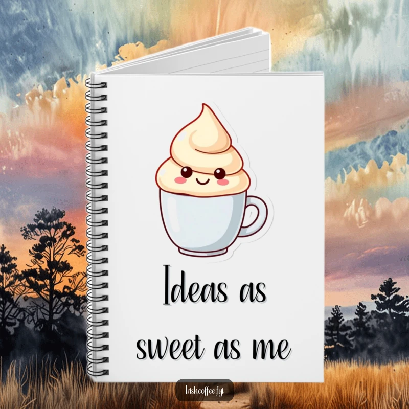 Funny notebook cover with a cheerful cream dollop character and a playful swirl, inviting creative thoughts and doodles.