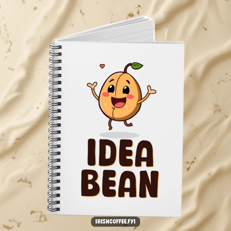 Funny Notebook with a joyful coffee bean doing a happy jig, inspiring energetic thoughts and organized notes.