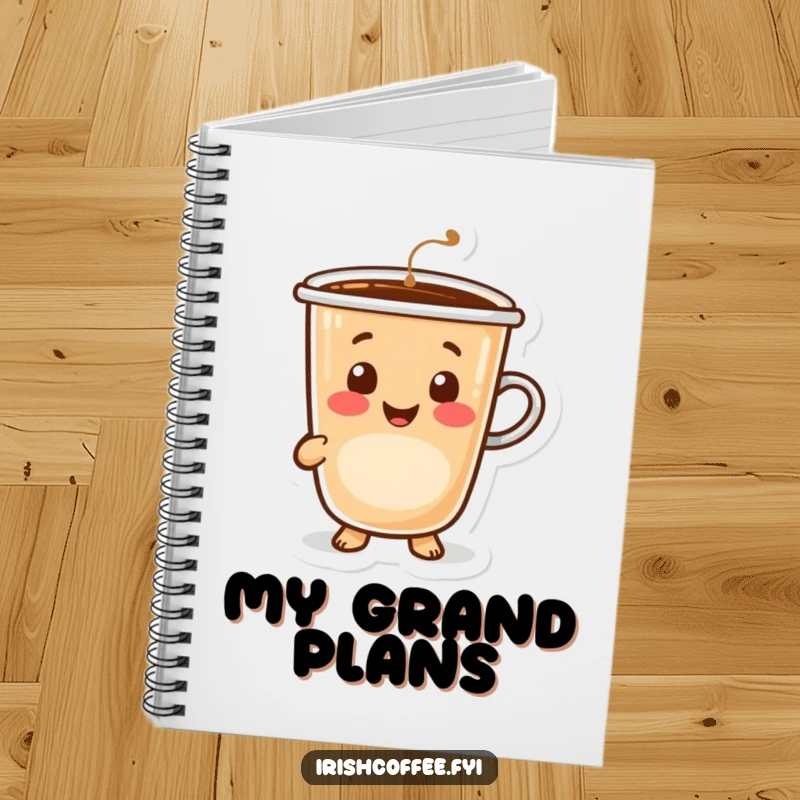 Funny happy coffee cup character with a warm, welcoming smile, notebook for writing and planning.