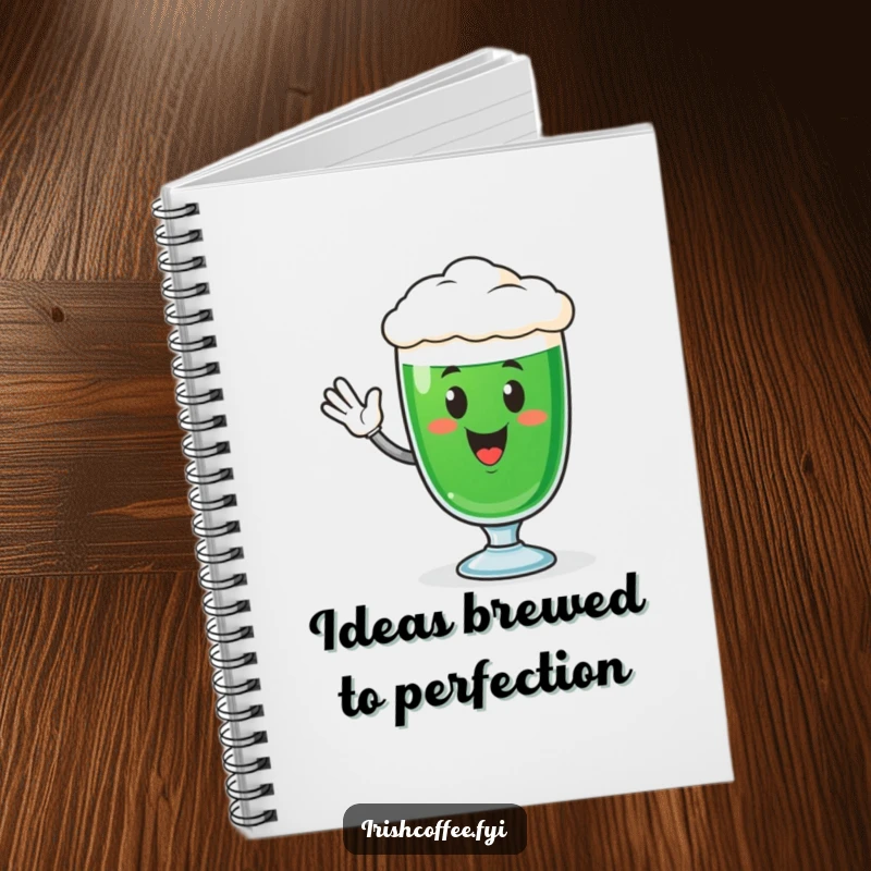 Funny spiral notebook with a happy Irish coffee glass character waving, ideal for jotting down notes, ideas, or daily reflections.