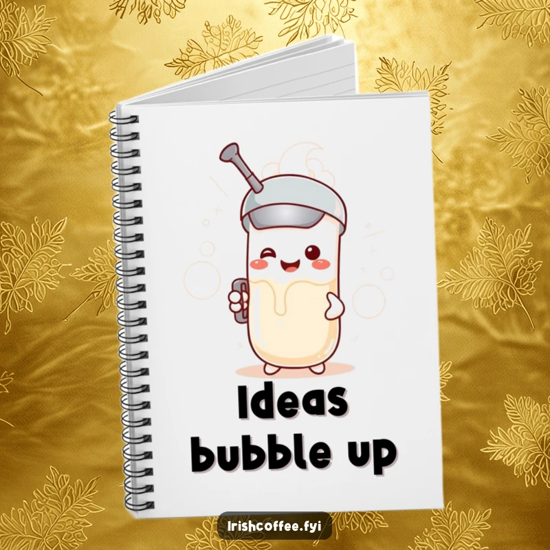Funny notebook cover featuring an excited milk frother character making bubbly clouds, great for jotting down notes humorously.