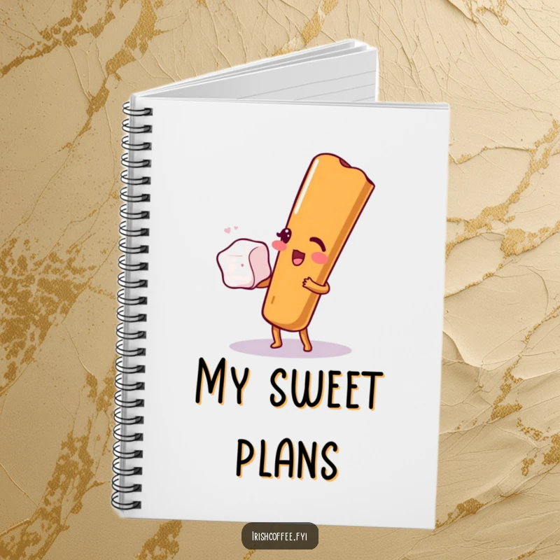 Funny notebook cover featuring a cinnamon stick winking and balancing a sugar cube, ideal for note-taking with playful spice.