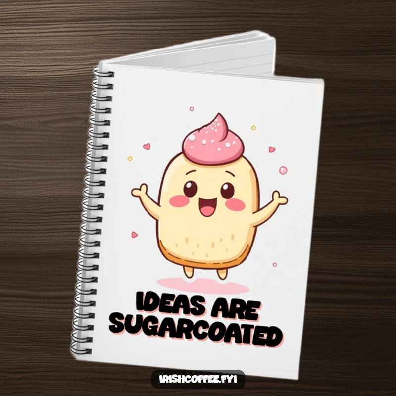 Funny notebook cover with a cheerful pastry character bouncing playfully, its sugar dusting adding a touch of sweetness.