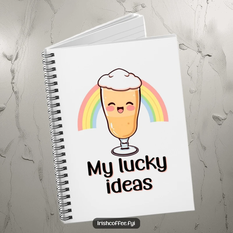 Funny Notebook with a giggling Irish coffee glass sliding down a rainbow, ready to capture your imaginative thoughts and dreams.