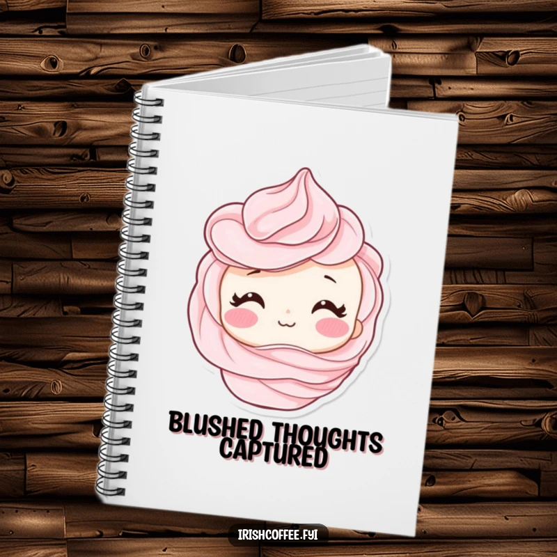 Funny notebook with a shy whipped cream swirl character blushing, ideal for jotting down notes with a touch of sweetness.
