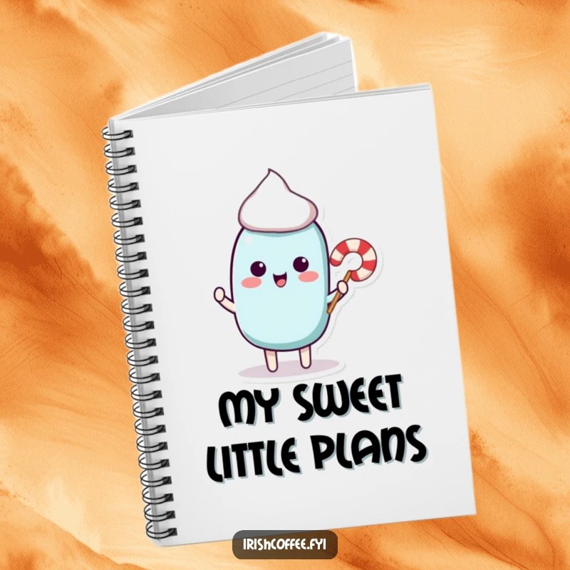 Funny notebook with a playful stir stick character offering a miniature candy cane, ideal for jotting down ideas and to-dos.