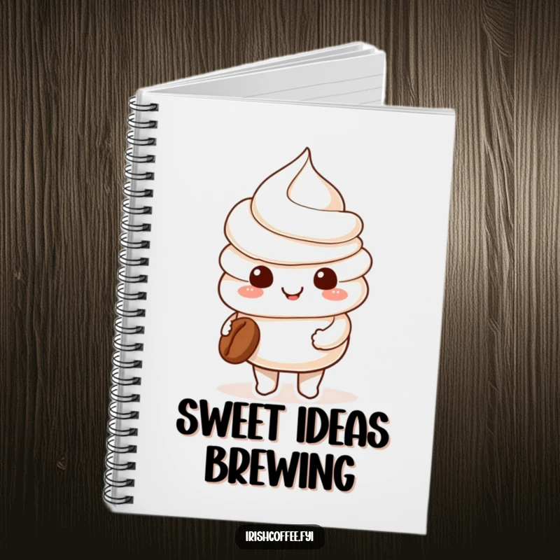Funny smiling whipped cream character holding a tiny coffee bean on a notebook cover, encouraging sweet and delightful note-taking.