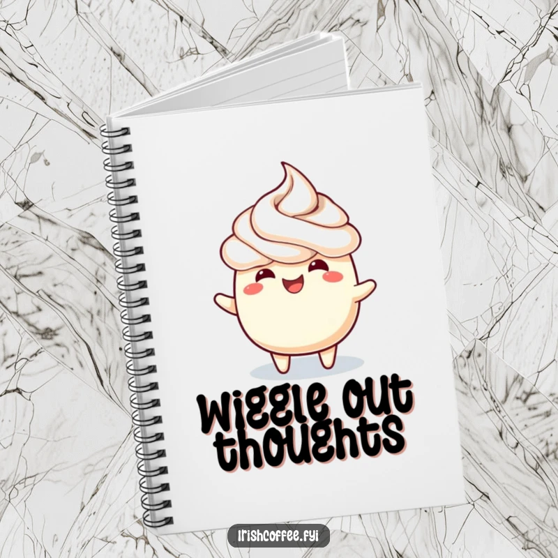Funny notebook with a cheerful frothy topping doing a joyful wiggle, ready for your thoughts.