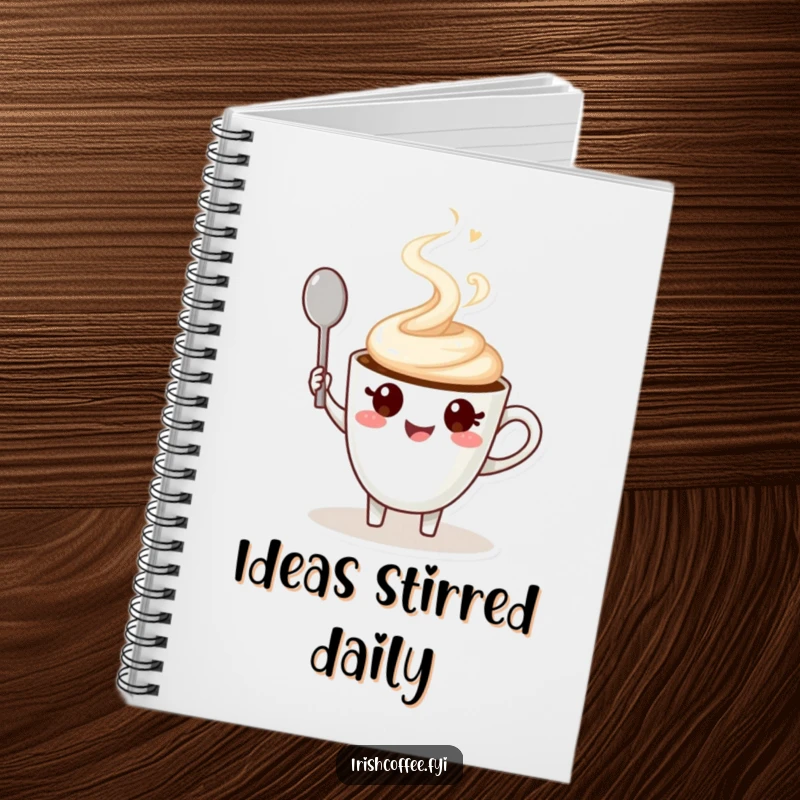 Funny notebook cover featuring a happy coffee cup character waving a spoon with a steaming swirl, a fun gift.