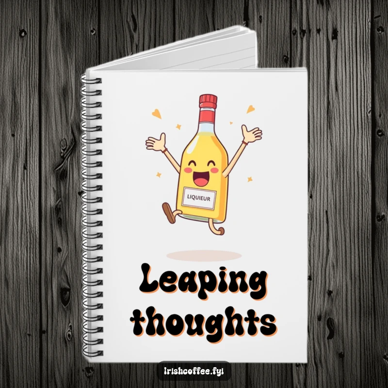 Funny notebook featuring a delighted liqueur bottle mid-air, joyfully celebrating, perfect for jotting down ideas.