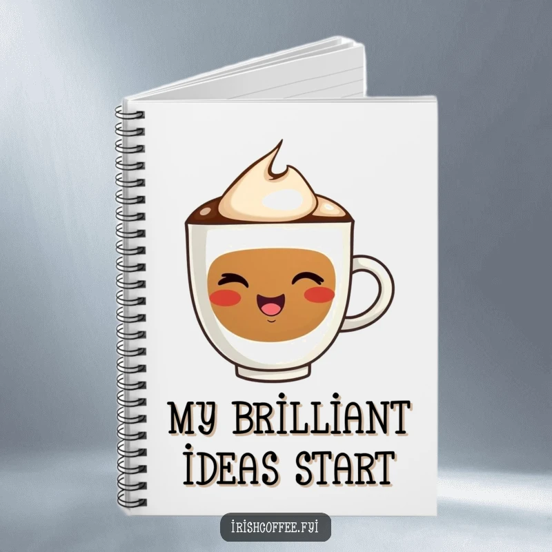 Funny notebook cover design with a happy coffee cup character winking, ideal for journaling, note-taking, and sketching with humor.