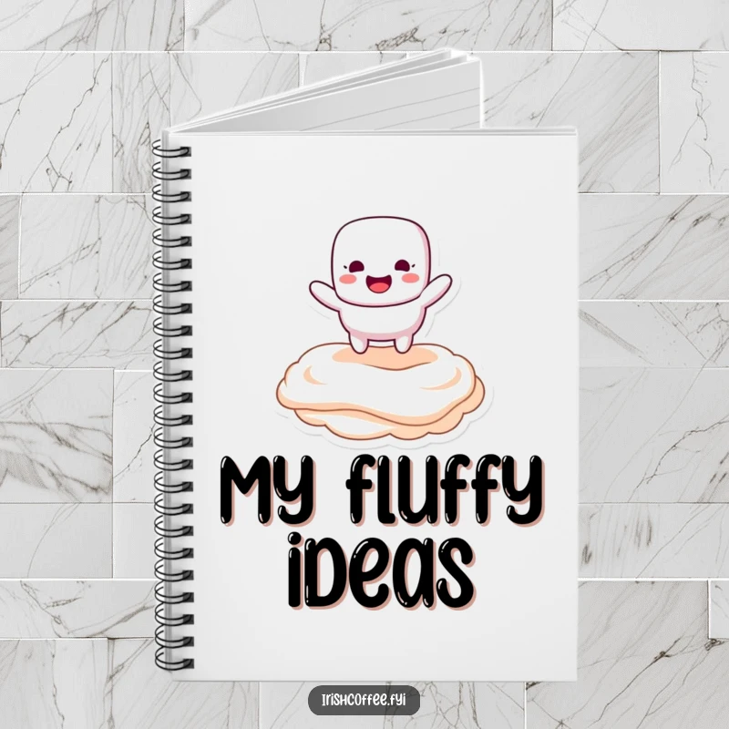 Funny notebook with a marshmallow character happily bouncing on creamy topping, designed for jotting notes with sweet humor.