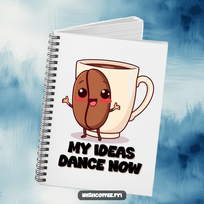 Funny notebook with a dancing coffee bean illustration, encouraging creative writing and energetic note-taking.