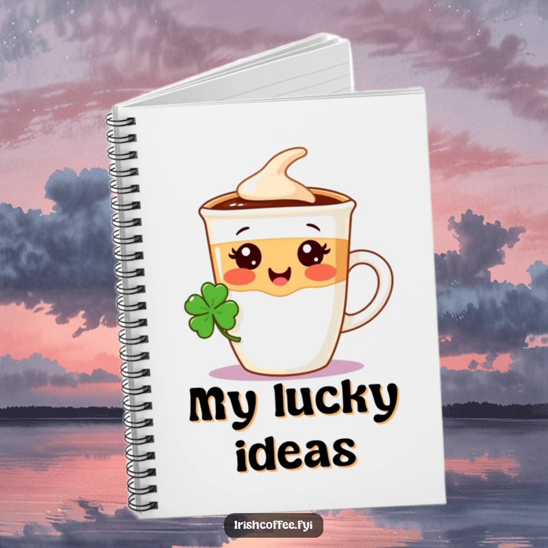 Funny notebook with a happy coffee cup character wearing a miniature shamrock, ideal for jotting down notes and daily thoughts.