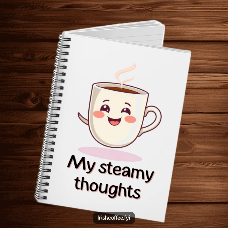 Funny notebook with a steamy grinning espresso cup spinning playfully, perfect for note-taking with energetic humor.