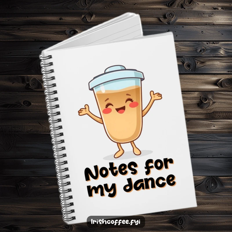 Funny coffee character notebook smiling and dancing playfully, perfect for jotting down notes with a humorous and energetic touch.