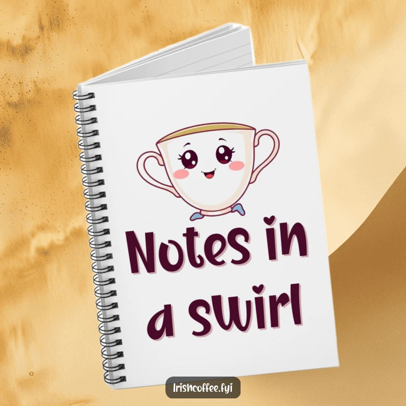 Funny notebook cover featuring a cheerful teacup with saucy eyes, gracefully performing a playful pirouette, encouraging creative and humorous entries.