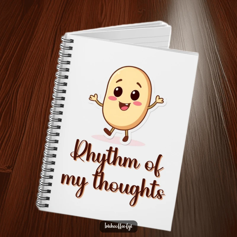 Funny notebook with a cheerful coffee bean character in a tap dancing pose, ideal for jotting down ideas and to-dos.