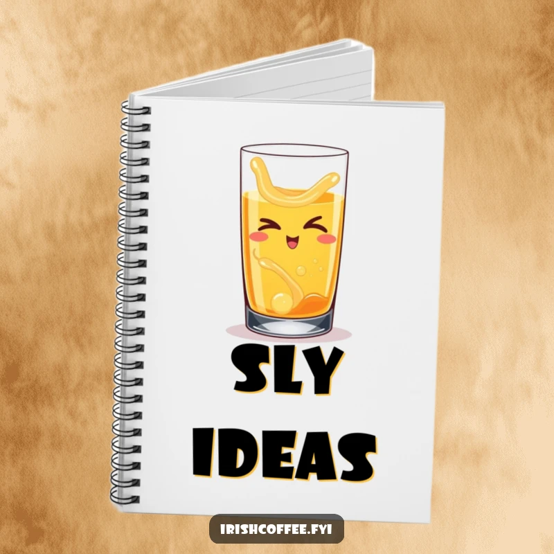 Funny notebook featuring a happy whiskey glass with swirling liquid, slyly winking, perfect for writing down ideas.