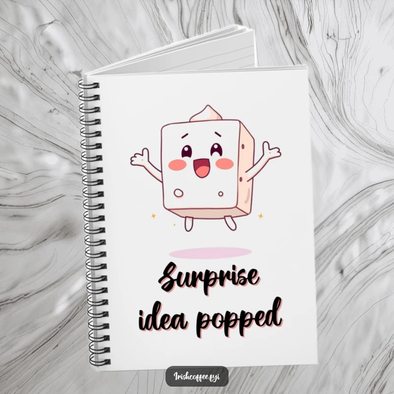 Funny notebook with a surprised sugar cube character jumping, ideal for jotting down ideas with a jolt of humor.