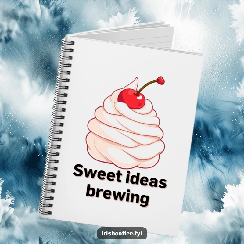 Funny notebook cover featuring a whipped cream dollop and a twirling cherry, ideal for note-taking, journaling, and sketching whimsically.