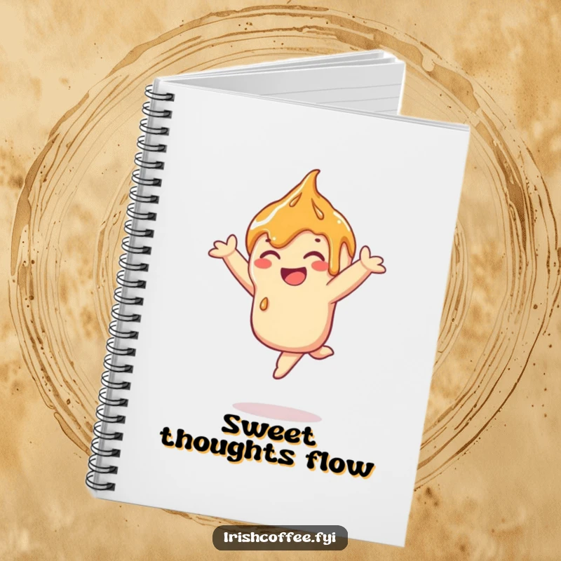 Funny caramel drizzle notebook with a leaping drizzle cover, ideal for writing and creative thoughts.