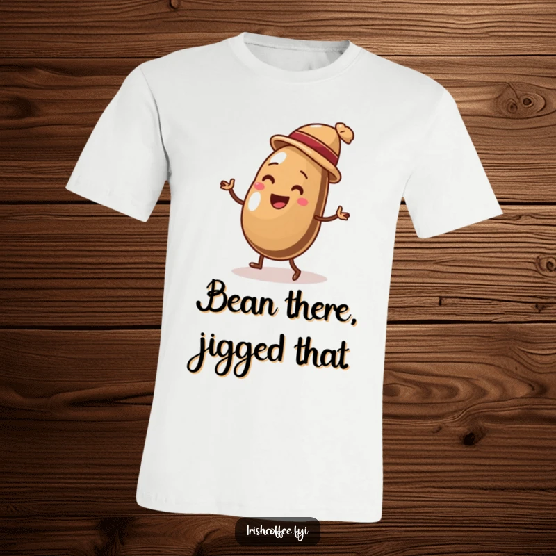 Funny t-shirt with a delighted coffee bean wearing a small hat, captured mid-lively jig, showcasing a funny and energetic dance.