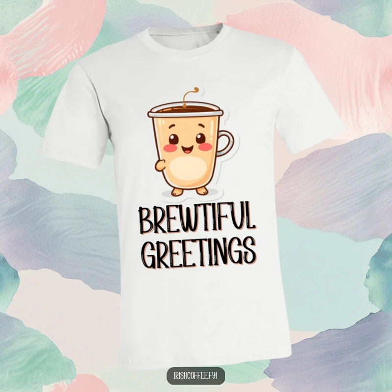 Funny happy coffee cup character extending a warm, inviting smile, printed on a comfortable t-shirt.