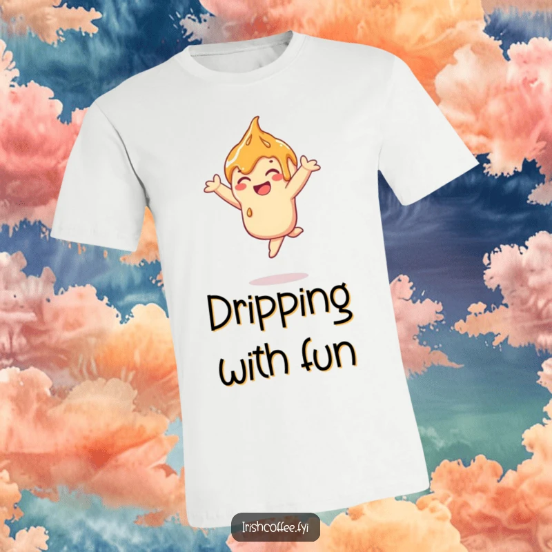 Funny caramel drizzle t-shirt depicting a joyful drizzle performing a playful leap, a sweet graphic tee.