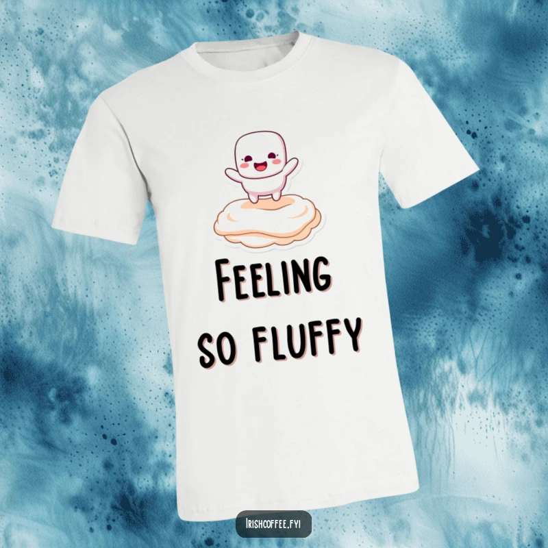 Funny t-shirt showcasing a marshmallow character happily bouncing on creamy topping, embodying playful and sweet humor.
