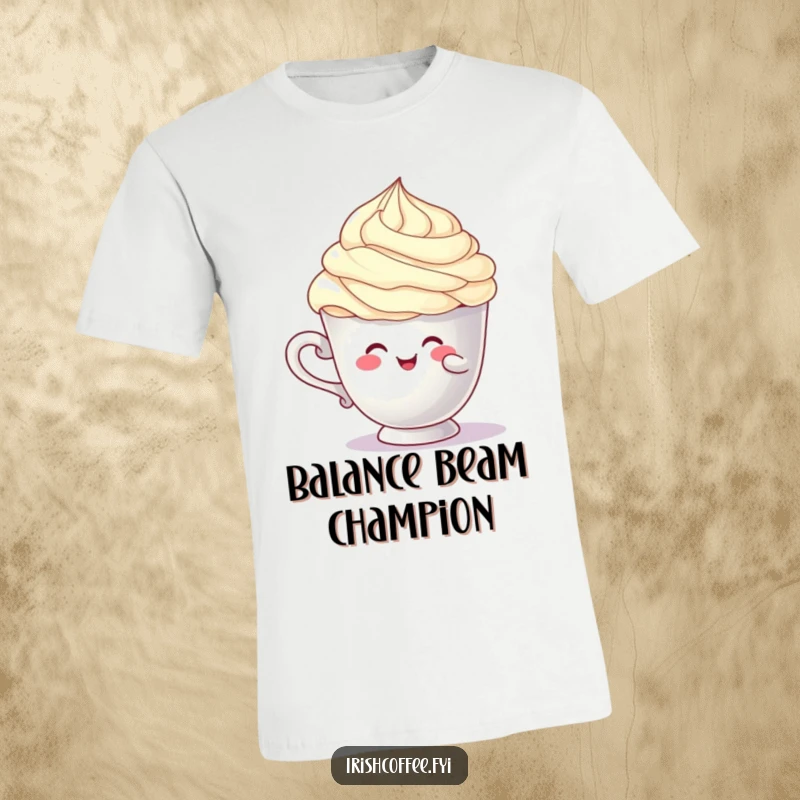 Funny cup character t-shirt hilariously balancing a cream swirl, perfect for expressing relatable struggles with humor, great funny gift.