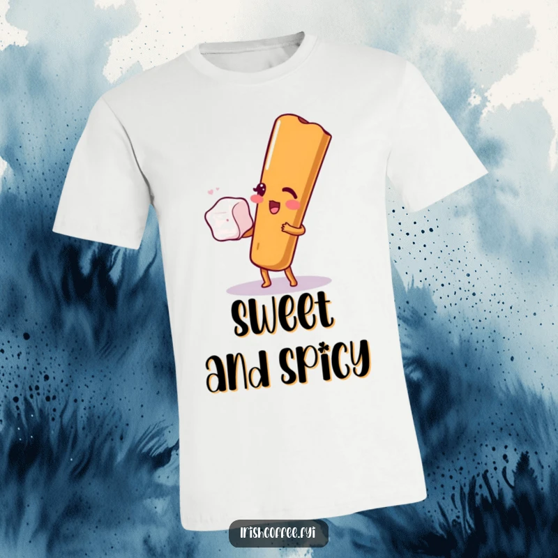 Funny t-shirt design of a cheerful cinnamon stick winking while balancing a sugar cube, expressing playful confidence.