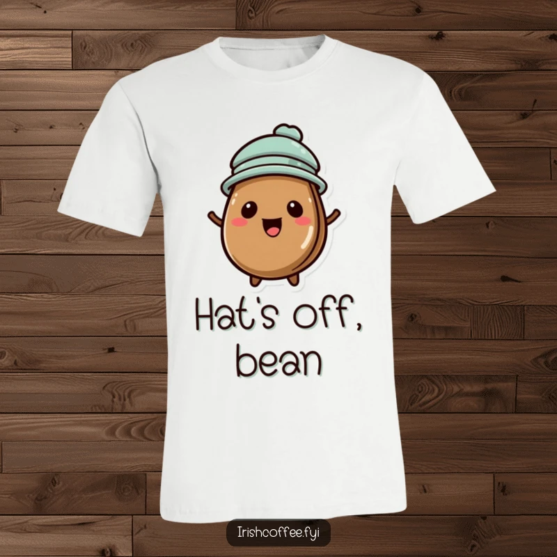 Funny t-shirt showcasing a happy coffee bean wearing a small, stylish hat, exuding delight.