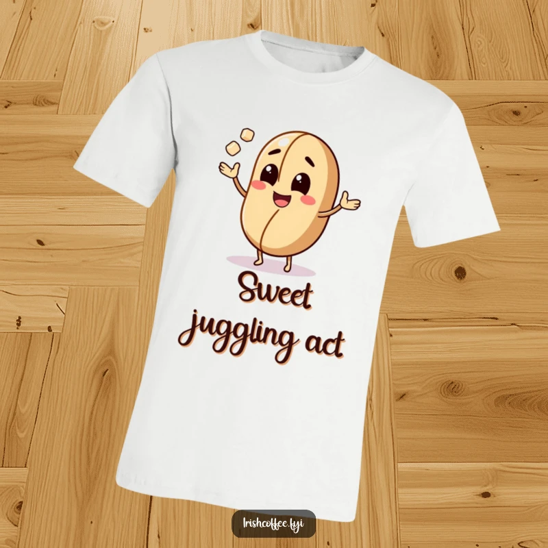 Funny t-shirt with a smiling coffee bean character juggling sugar cubes, celebrating caffeinated fun and energy.