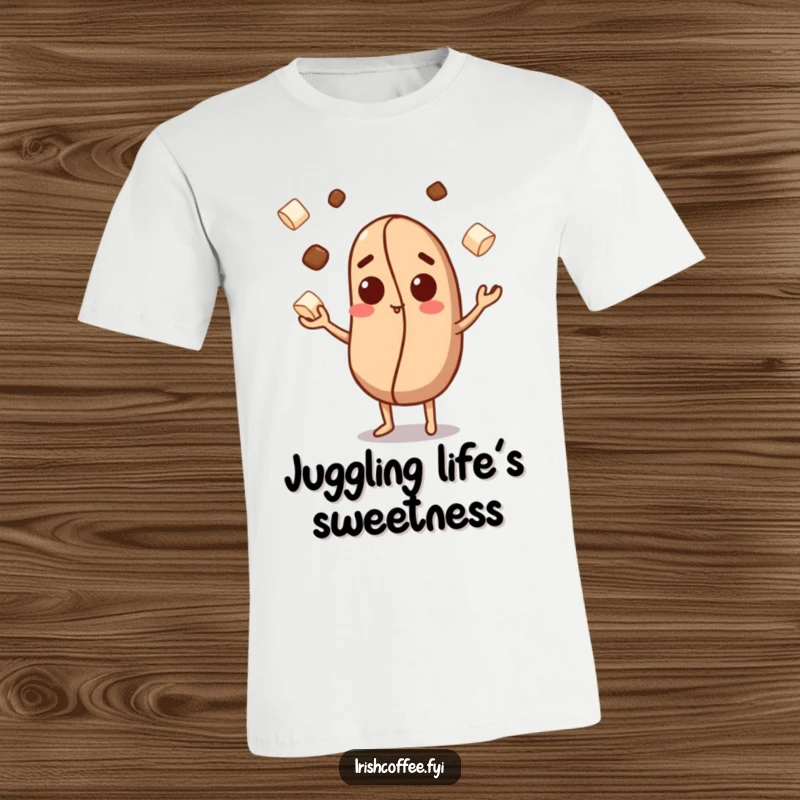 Funny T-shirt showcasing a curious coffee bean character expertly juggling tiny sugar cubes, a symbol of sweet multitasking.