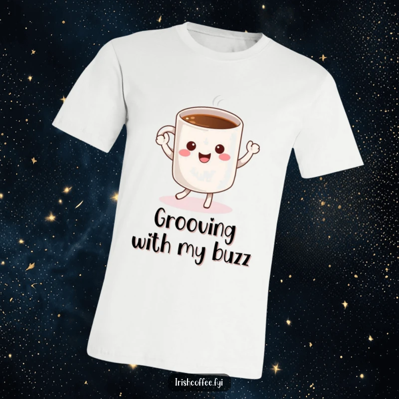 Funny t-shirt with a cheerful coffee mug character doing a happy dance, radiating pure joy and caffeine-fueled energy.