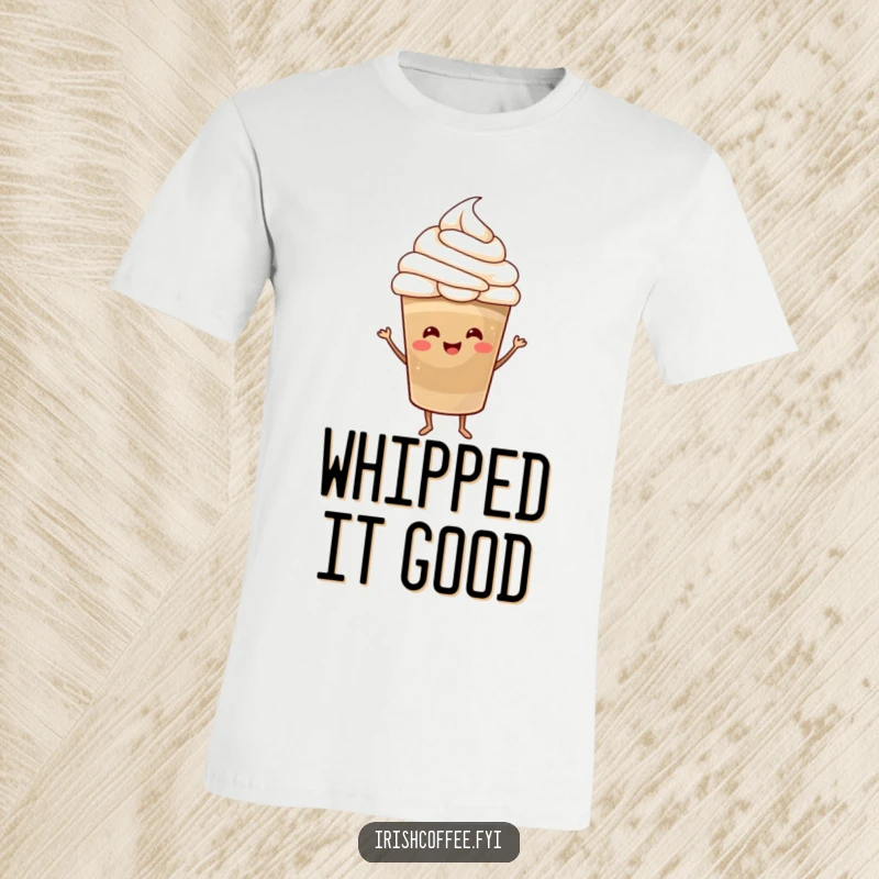 Funny T-Shirt depicting a happy coffee cup topped with whipped cream, dancing with pure joy and caffeine-fueled enthusiasm.