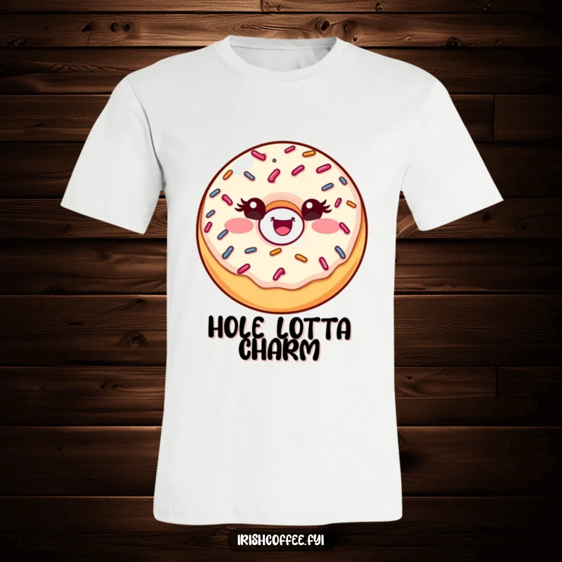 Funny donut t-shirt with colorful sprinkles winking playfully, a cheerful graphic tee for dessert lovers.