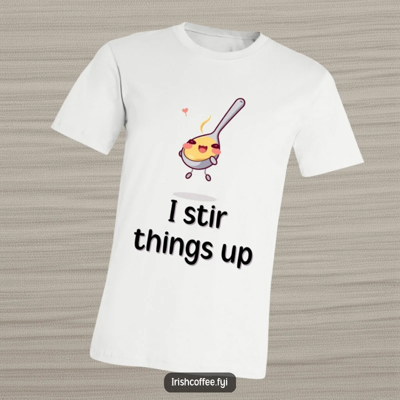 Funny T-Shirt: A delighted teaspoon enthusiastically stirring, embodying playful fun and cheerful vibes. A lighthearted design for everyday wear.