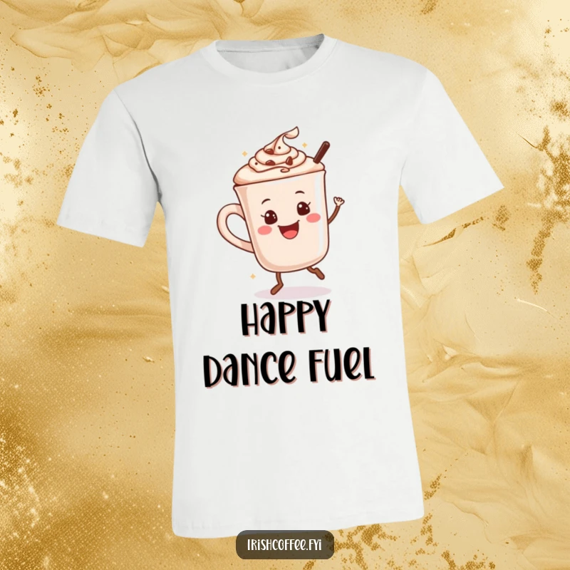 Funny t-shirt featuring a happy hot chocolate mug dancing with pure joy and delight.