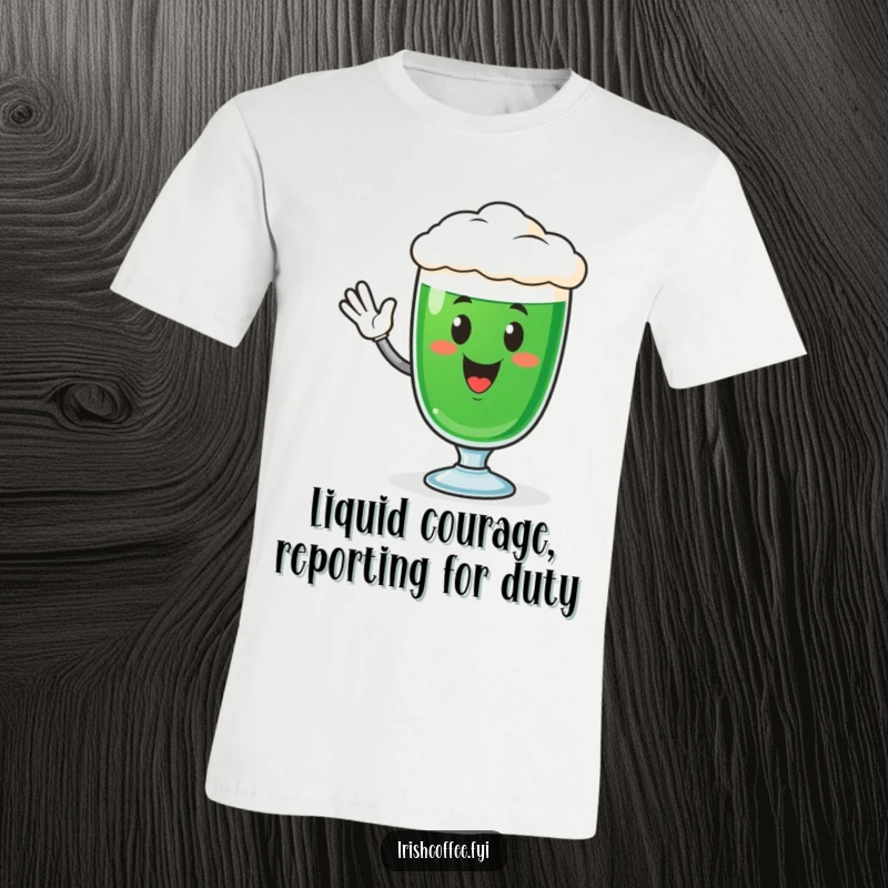 Funny T-shirt featuring a joyful Irish coffee glass character with a big, friendly wave, ideal for casual wear and a good chuckle.