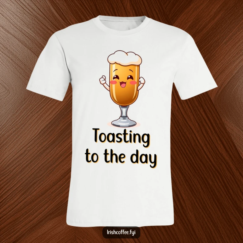 Funny t-shirt with a happy Irish coffee glass raising its glass in a cheerful toast.