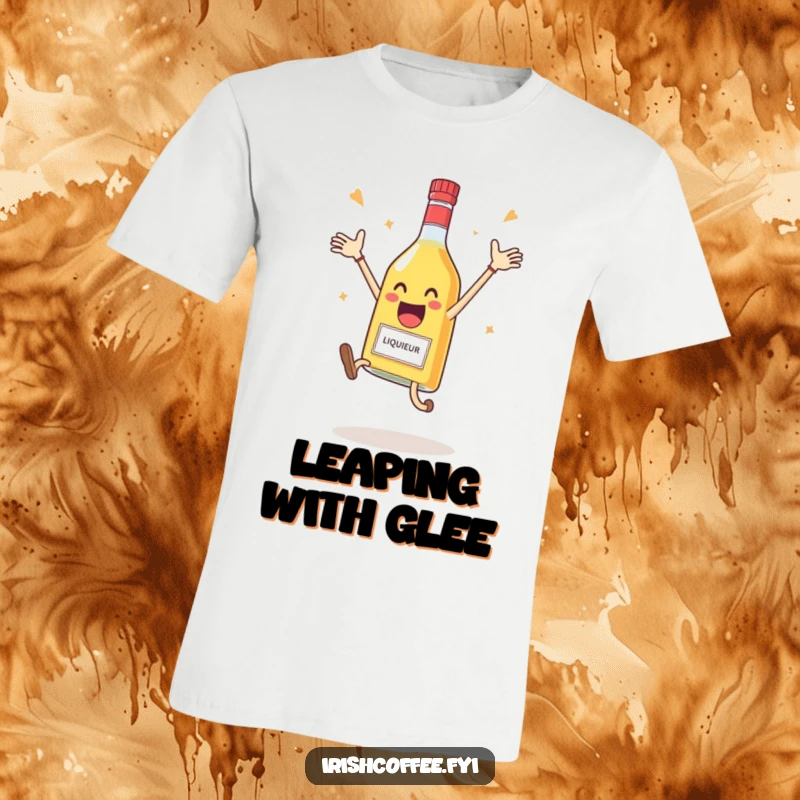 Funny t-shirt with a delighted liqueur bottle leaping joyfully in celebration, perfect for expressing excitement.