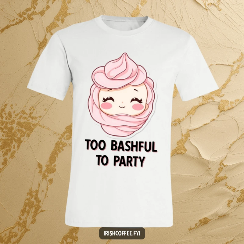 Funny t-shirt with a shy whipped cream swirl character blushing adorably, ideal for a humorous and sweet statement.