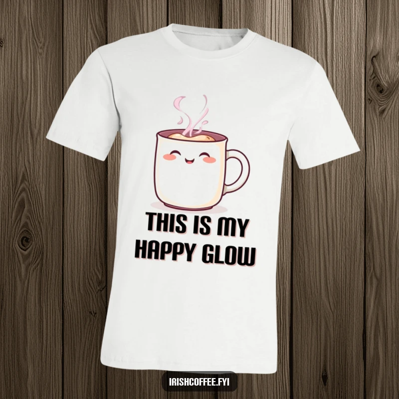 Funny steaming mug character t-shirt, featuring a cheerful rosy blush and happy expression, conveying warmth and humor, excellent funny gift.