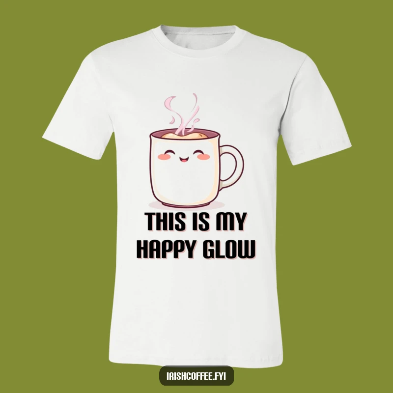 Funny Steaming Mug Character T-Shirt: Cheerful Rosy Blush Coffee Cup Funny Gift Tee