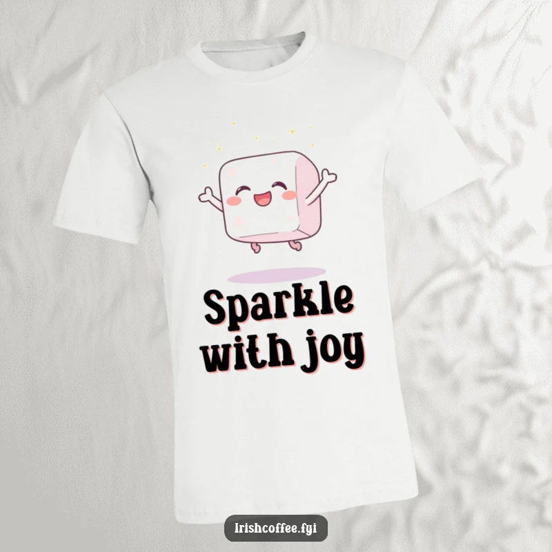 Funny t-shirt graphic of a gleeful sugar cube captured mid-leap with joy, scattering tiny sparkles, showcasing a humorous and uplifting moment.